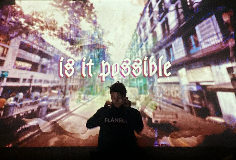A chaotic layering of Google Street View imagery with overexposed text and other graphical elements.