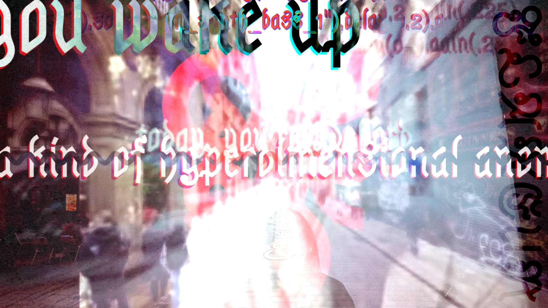 A chaotic layering of Google Street View imagery with overexposed text and other graphical elements.