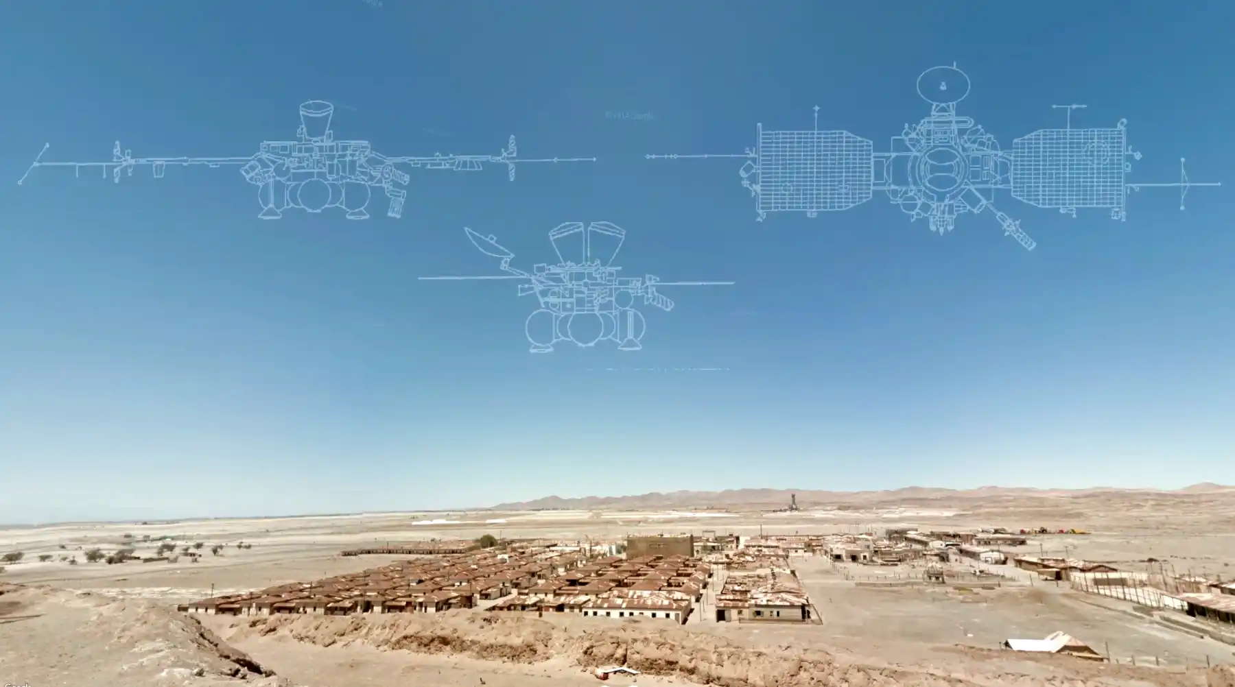 A Street View panorama of Humberstone with superimposed schematics of the Mars-96 satellite