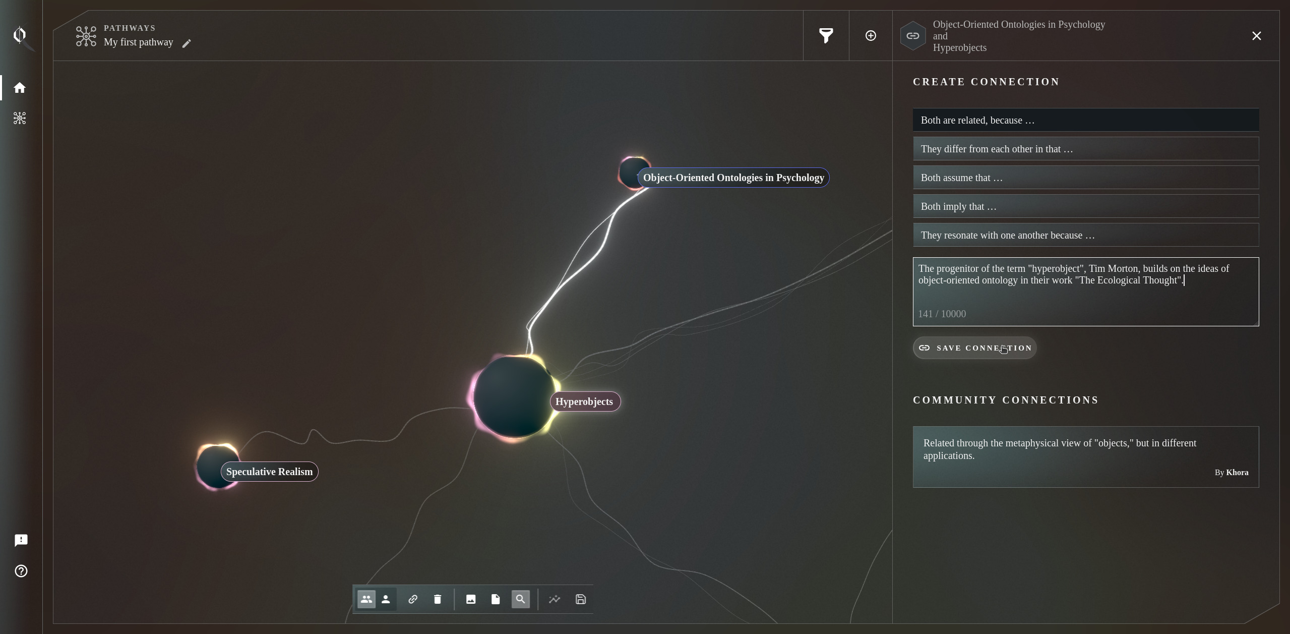 A view of Khora while creating a connection between 'Hyperobjects' and 'Object-oriented ontologies in psychology'