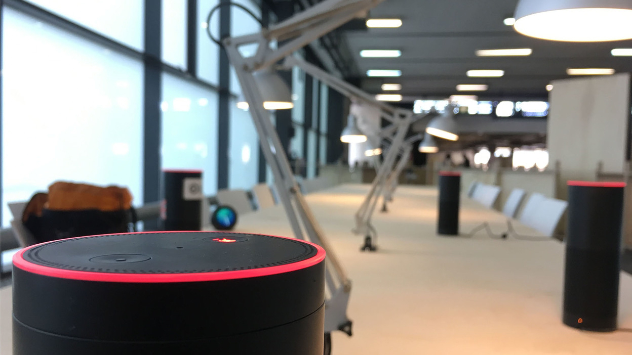 Several Amazon Echo devices on a table